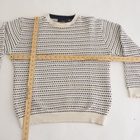 Vintage '90S Bill Blass White Navy 3D Eclectic Cotton Grandpa Crewneck Sweater L - Picture 3 of 9